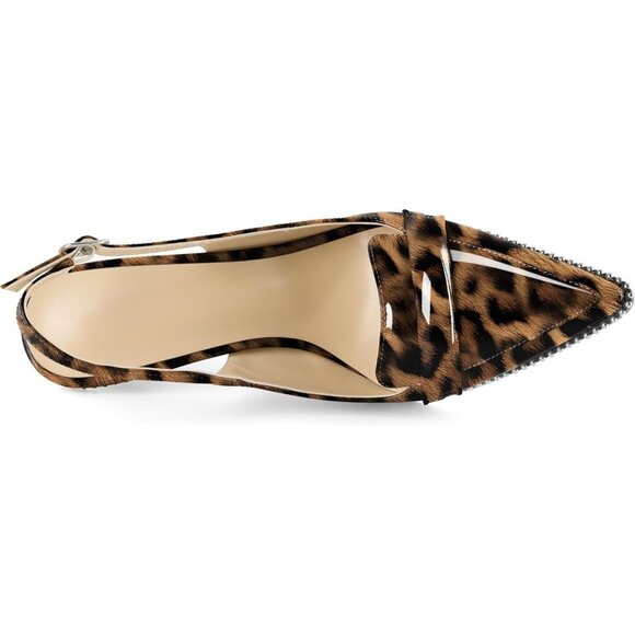 Women Leopard Stiletto Beaded Shoes Pointed Toe Slip On Loafers Slingback Heel - Picture 6 of 6